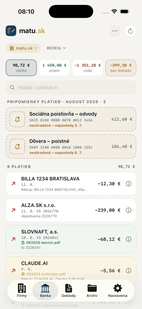 Bankové platby spárované s dokladmi a pripomienky platieb