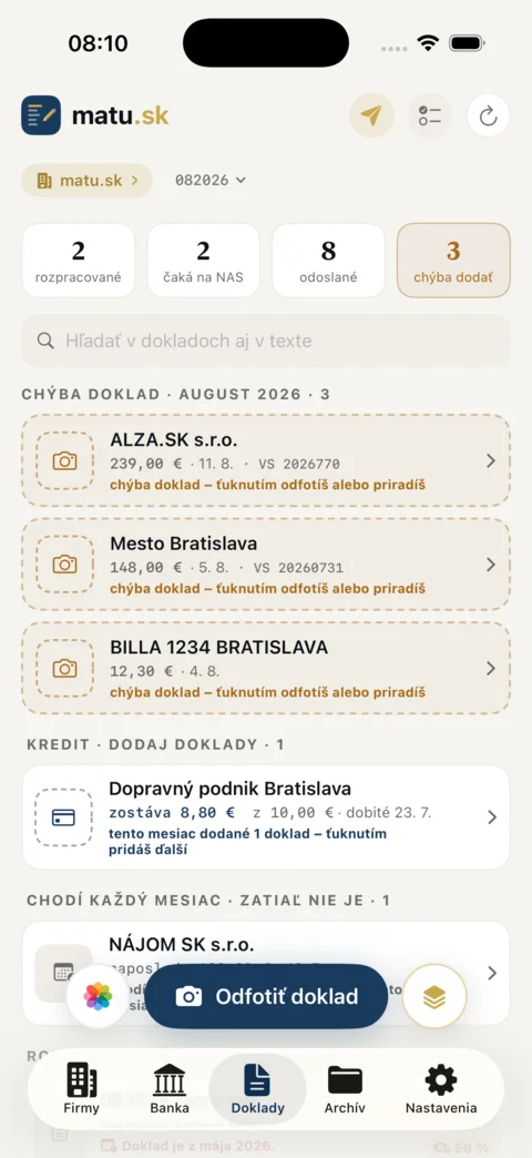 Prehľad dokladov so stavmi a upozorneniami