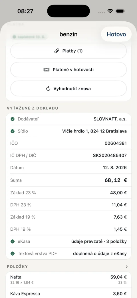 Vyťažený dodávateľ, IČO, DIČ, rozpis DPH a jednotlivé položky