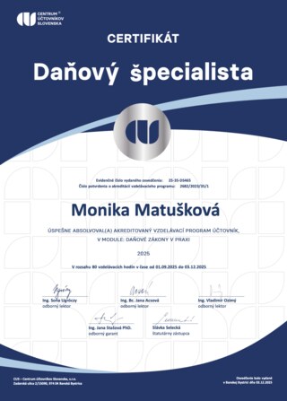 Certifikát Daňový špecialista – Monika Matušková, Centrum účtovníkov Slovenska