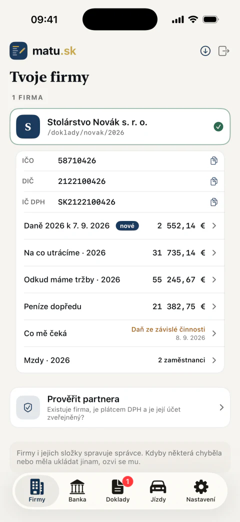 Karta firmy v aplikaci matu.sk: daň, náklady, tržby, peníze dopředu, termíny a mzdy