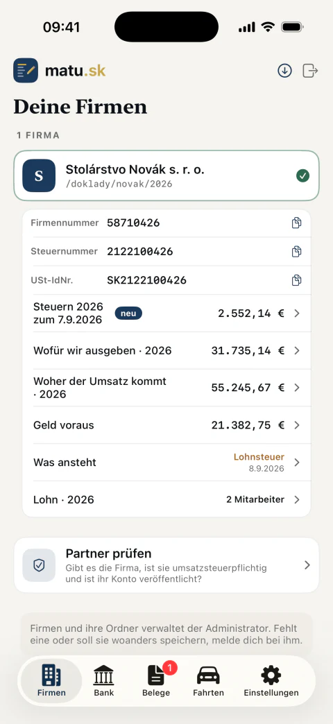 Firmenkarte in der matu.sk-App: Steuer, Kosten, Umsatz, Geld voraus, Fristen und Löhne