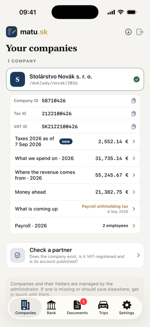 Company card in the matu.sk app: tax, costs, revenue, money ahead, deadlines and payroll