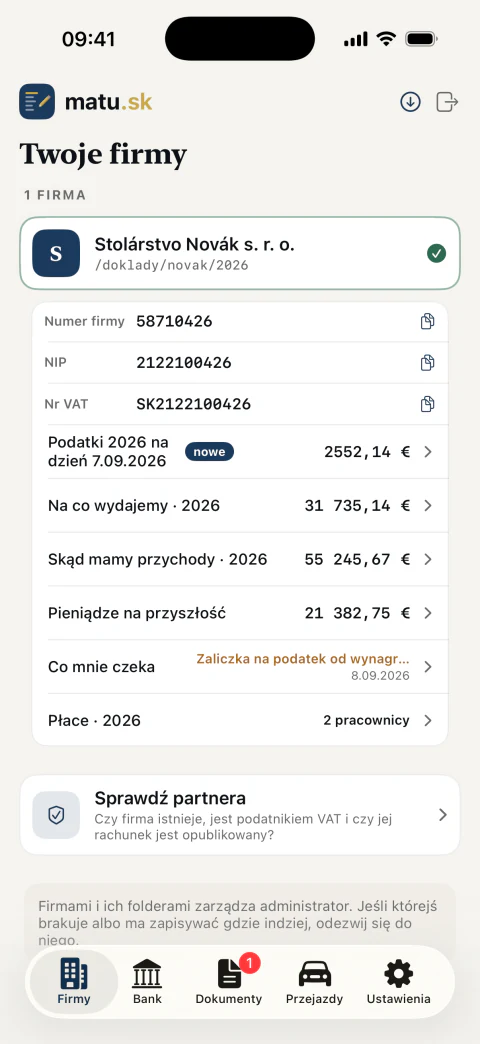 Karta firmy w aplikacji matu.sk: podatek, koszty, przychody, pieniądze na przyszłość, terminy i płace