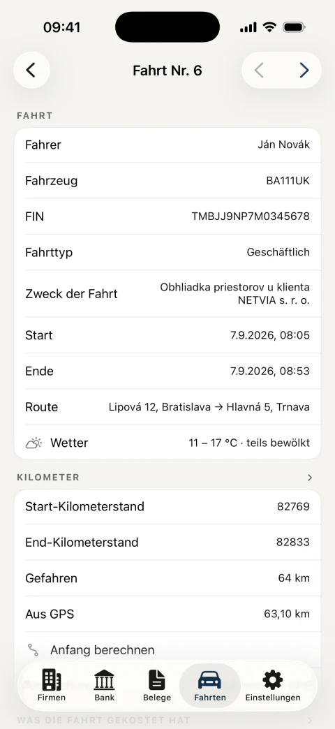 Fahrtdetail: automatisch eingetragener Anfang und Ende, Strecke, Kilometer vom Tacho und aus dem GPS