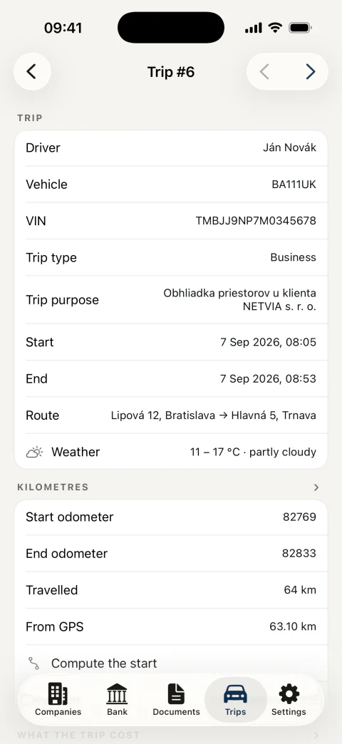 Trip detail: start and end recorded automatically, route, kilometres from the odometer and from GPS