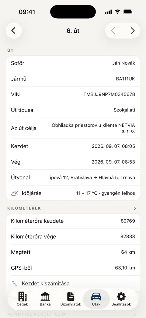 Az út részletei: automatikusan rögzített kezdet és vég, útvonal, kilométerek a kilométeróráról és a GPS-ből