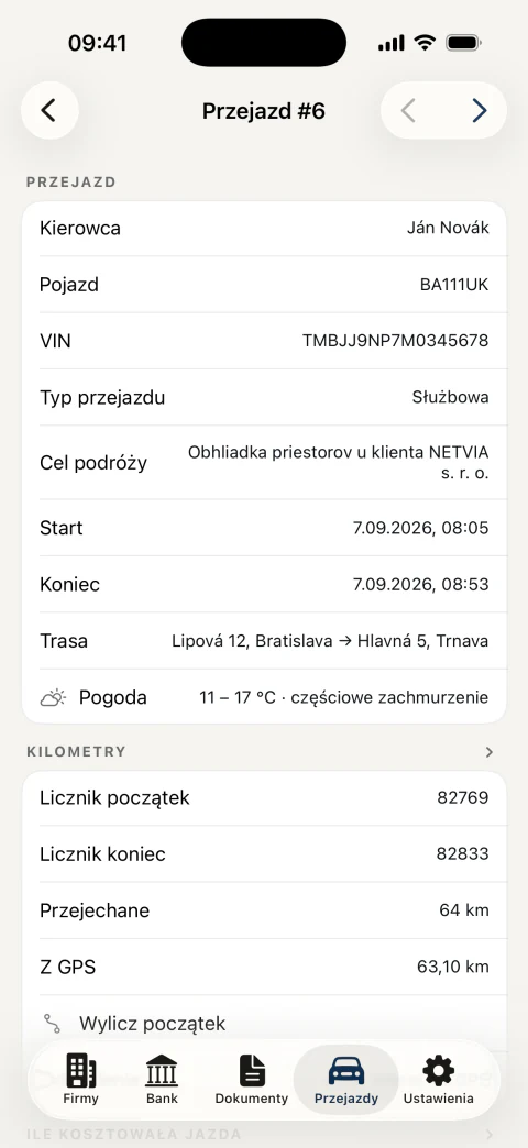 Szczegóły przejazdu: automatycznie zapisany początek i koniec, trasa, kilometry z licznika i z GPS