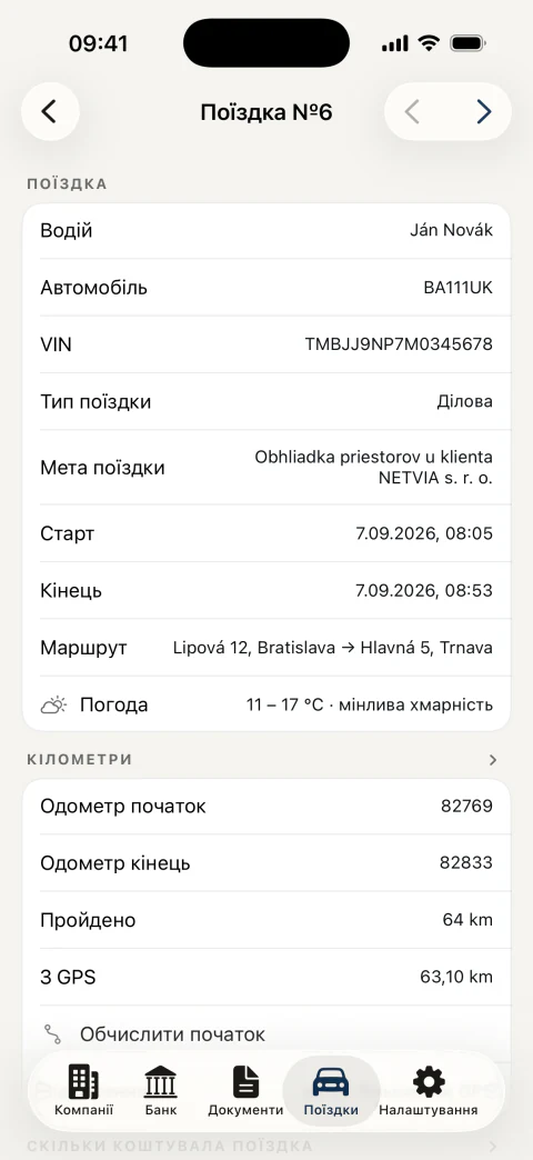 Деталі поїздки: автоматично записаний початок і кінець, маршрут, кілометри з одометра і з GPS