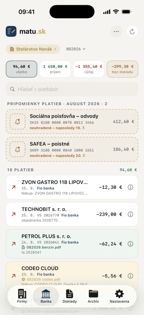 Banki fizetések a bizonylatokkal párosítva, valamint fizetési emlékeztetők