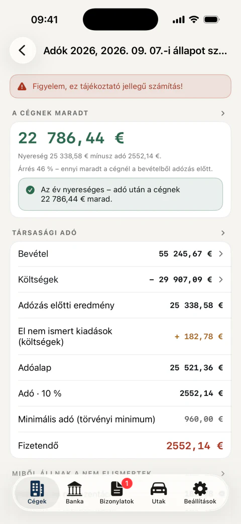 Előzetes jövedelemadó a bontással: bevételek, költségek, adóalap, és ami a cégnek adózás után marad