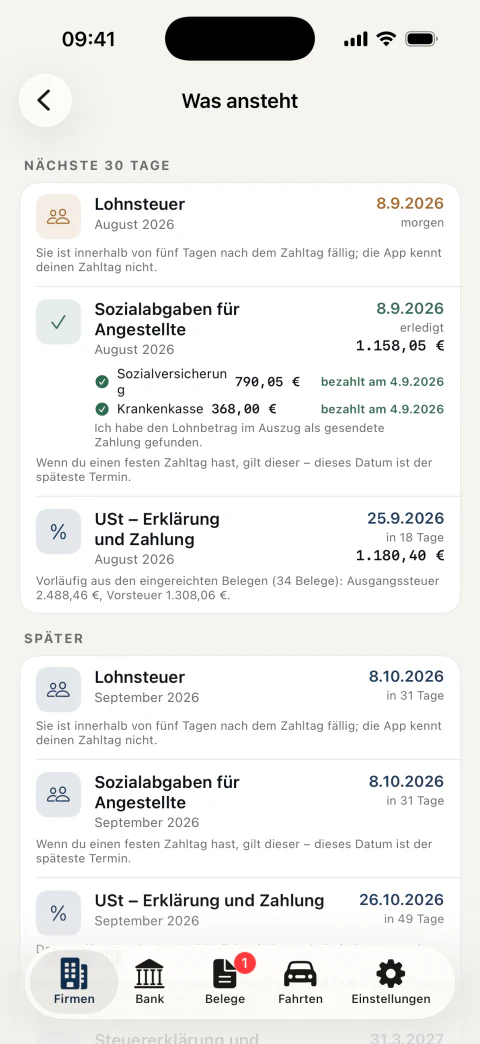 Fristenkalender: USt., Abgaben und Lohnsteuer samt Beträgen und dem, was schon bezahlt ist