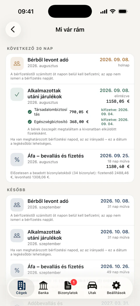 Határidőnaptár: áfa, járulékok és a bérek adója az összegekkel és azzal együtt, ami már ki van fizetve