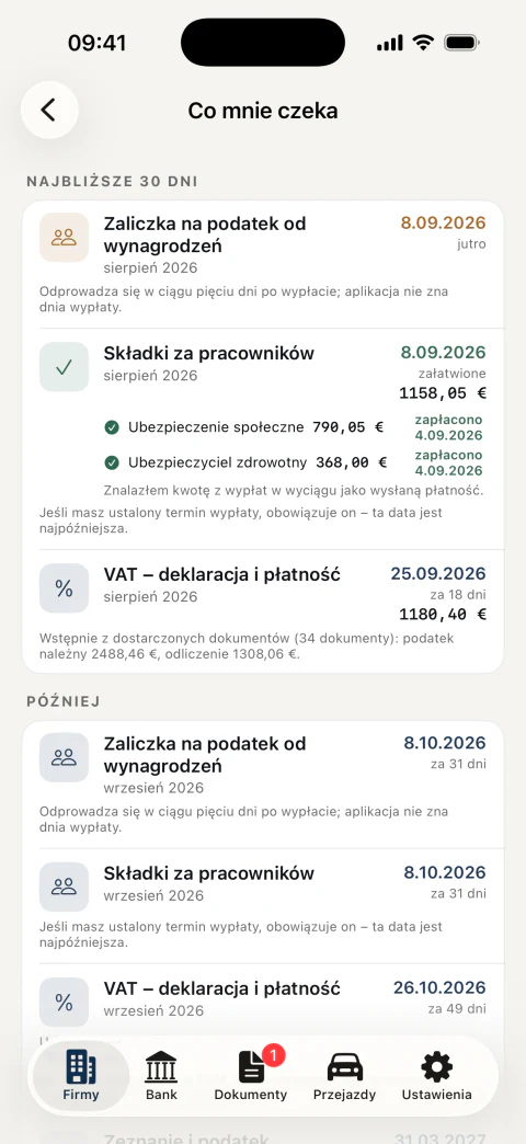Kalendarz terminów: VAT, składki i podatek od wynagrodzeń wraz z kwotami i z tym, co jest już zapłacone