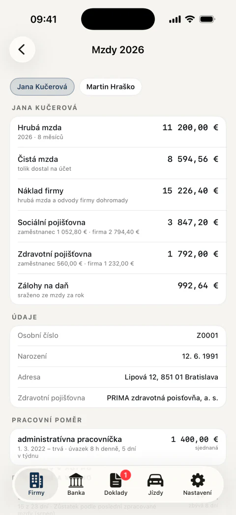 Mzdy zaměstnanců: hrubá a čistá mzda, odvody, náklad firmy a dovolená