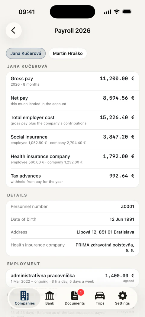Employee payroll: gross and net pay, contributions, total employer cost and leave