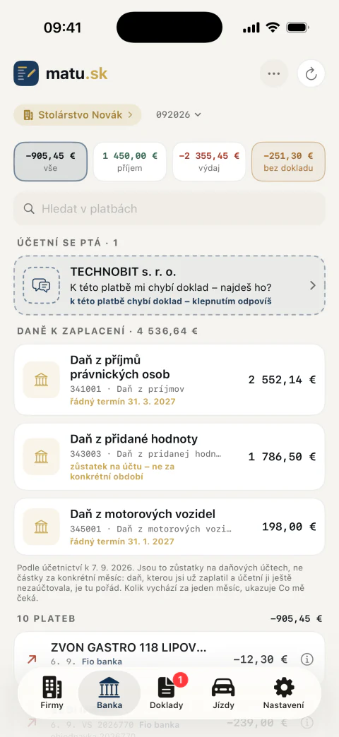 Bankovní výpis se spárovanými doklady a s upozorněním, ke které platbě doklad chybí