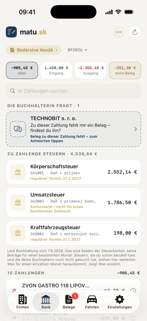 Kontoauszug mit den zugeordneten Belegen und mit dem Hinweis, zu welcher Zahlung der Beleg fehlt