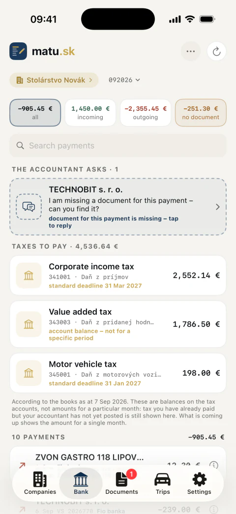 Bank statement with matched documents and a warning about which payment has no document