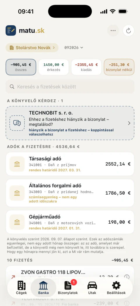 Bankkivonat a párosított bizonylatokkal és jelzéssel, melyik fizetéshez hiányzik bizonylat