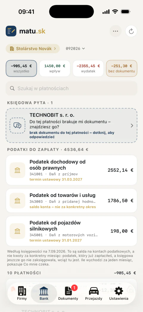 Wyciąg bankowy z dopasowanymi dokumentami i z ostrzeżeniem, do której płatności brakuje dokumentu