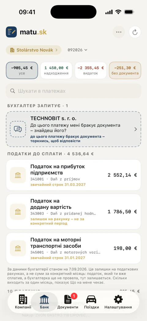 Банківська виписка зі зіставленими документами і з попередженням, до якого платежу бракує документа