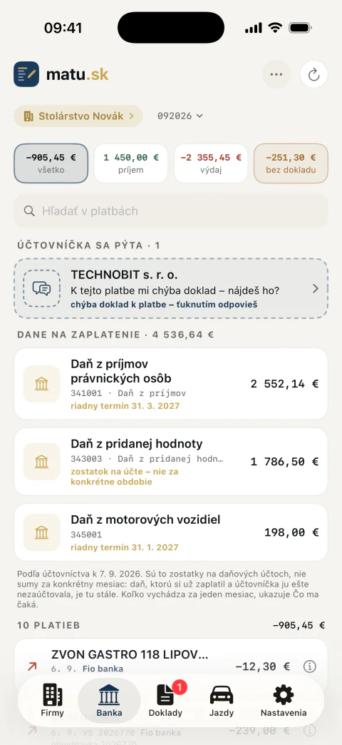Bankový výpis so spárovanými dokladmi a s upozornením, ku ktorej platbe doklad chýba
