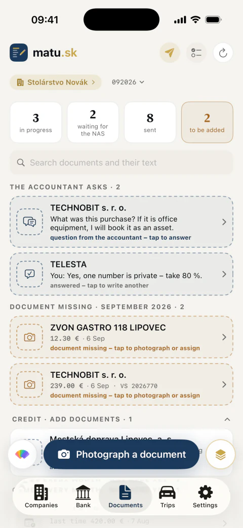List of documents with questions from the accountant and blank spaces where documents are missing
