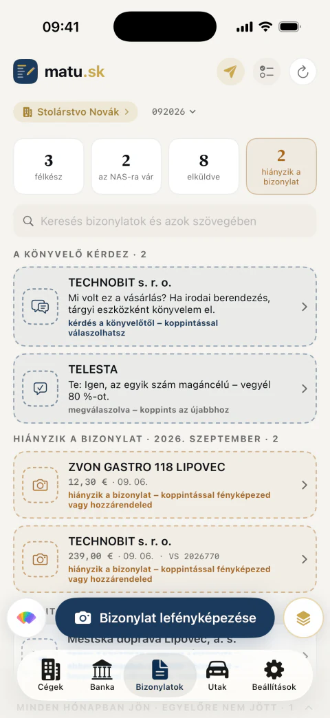 Bizonylatok listája a könyvelő kérdéseivel és üres helyekkel a hiányzó bizonylatok után