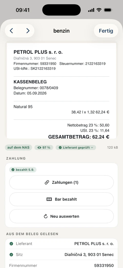 Belegdetail mit den ausgelesenen Daten und mit der Zahlung, die er sich selbst zugeordnet hat