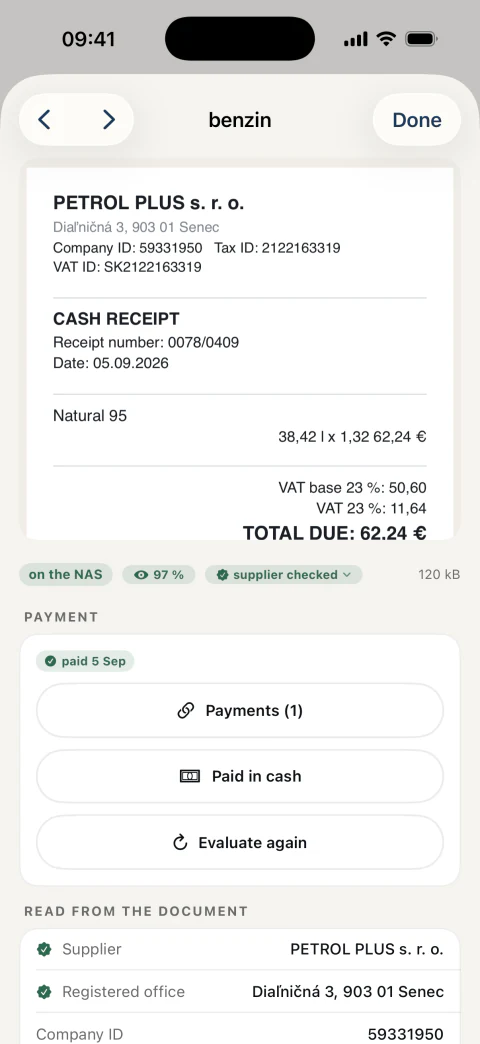 Document detail with the data read from it and with the payment it found by itself