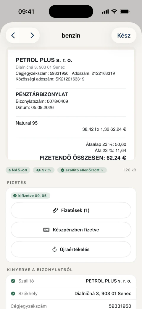 A bizonylat részletei a kiolvasott adatokkal és a fizetéssel, amelyet magától megtalált