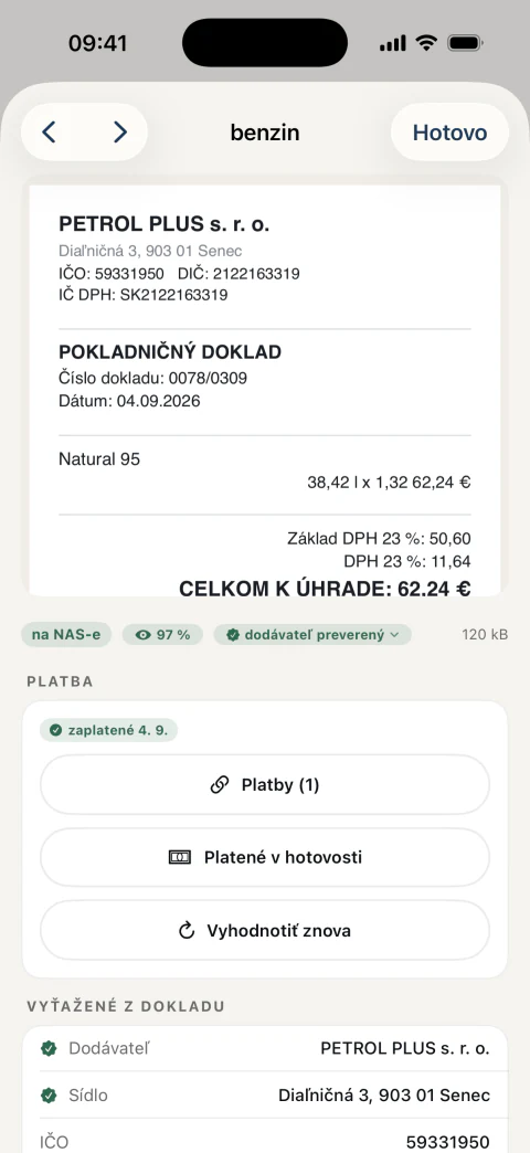 Detail dokladu s vyťaženými údajmi a s platbou, ktorú si k sebe našiel sám