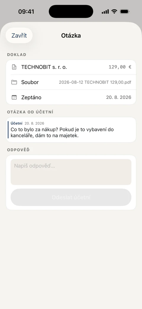 Otázka od účetní k jednomu konkrétnímu dokladu a pole na odpověď
