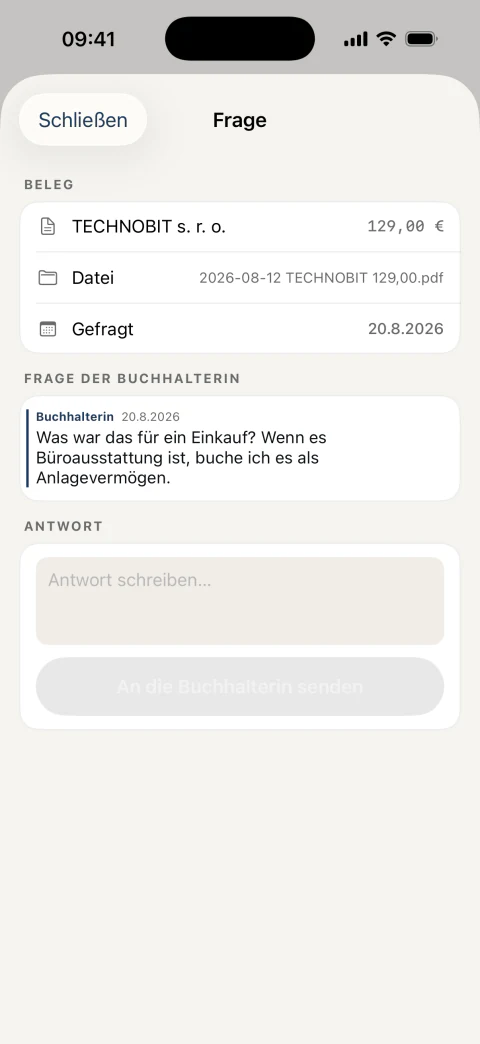 Frage der Buchhalterin zu einem konkreten Beleg und das Feld für die Antwort
