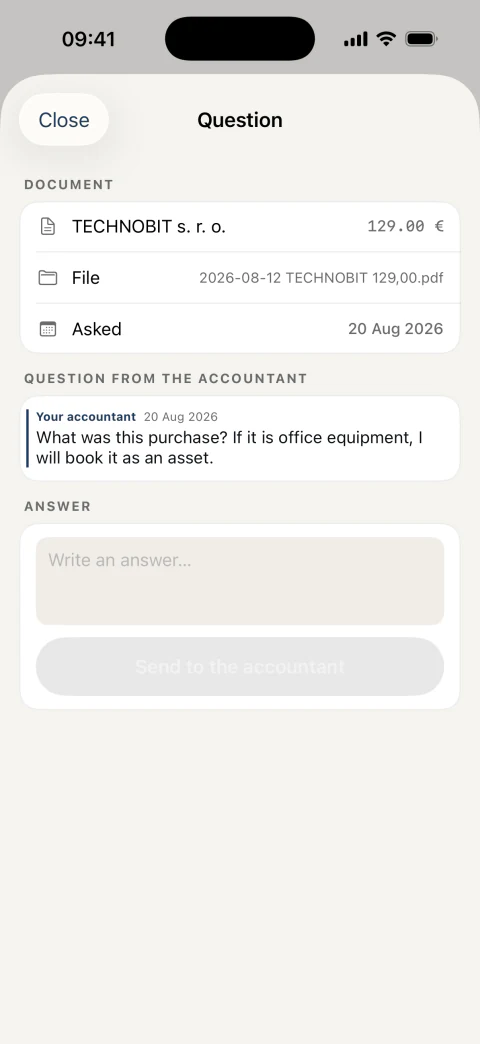 A question from the accountant about one particular document and a field for the answer