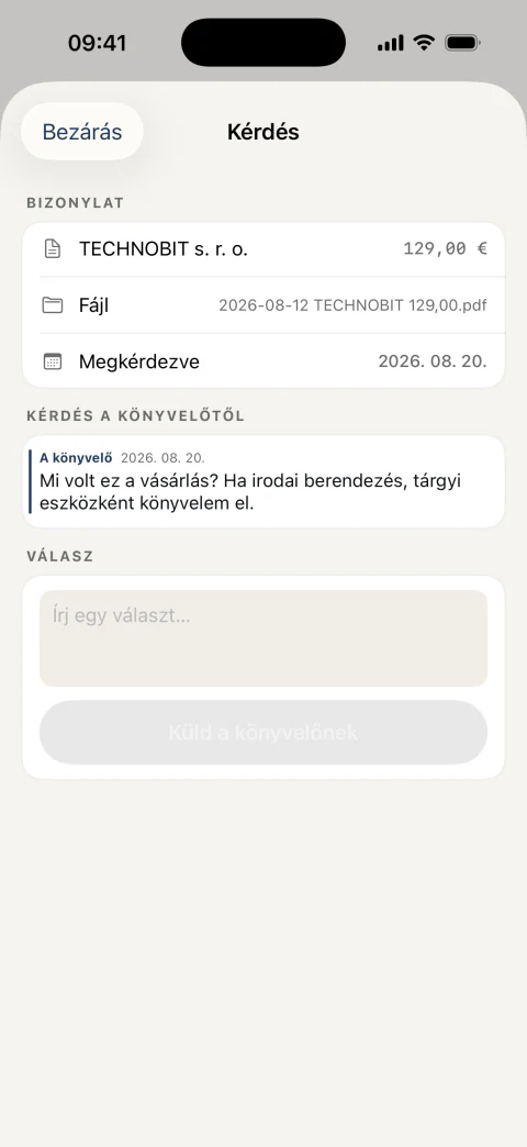 A könyvelő kérdése egy konkrét bizonylathoz és a válaszmező