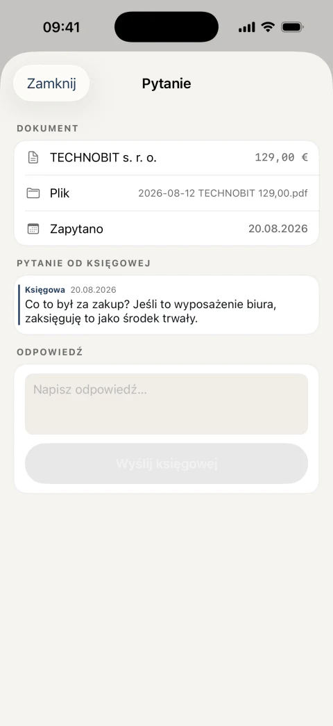 Pytanie od księgowej do jednego konkretnego dokumentu i pole na odpowiedź