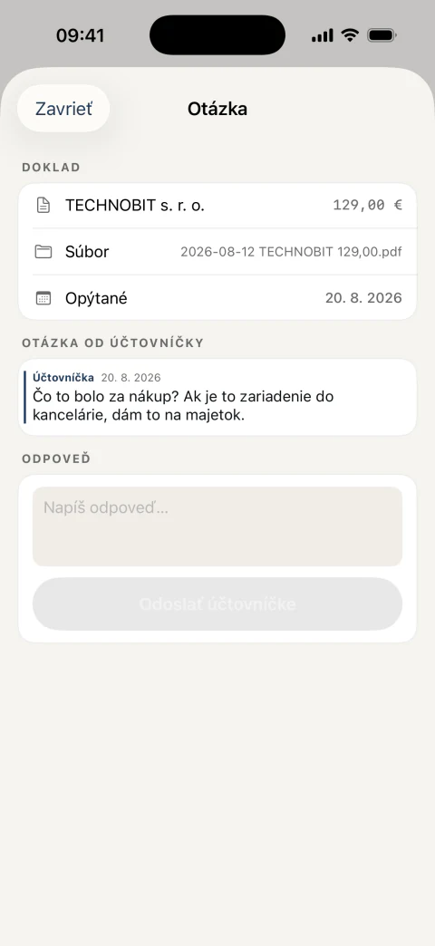 Otázka od účtovníčky k jednému konkrétnemu dokladu a pole na odpoveď