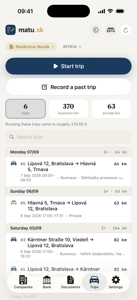 Mileage log with a list of trips, kilometres and the purpose of the trip