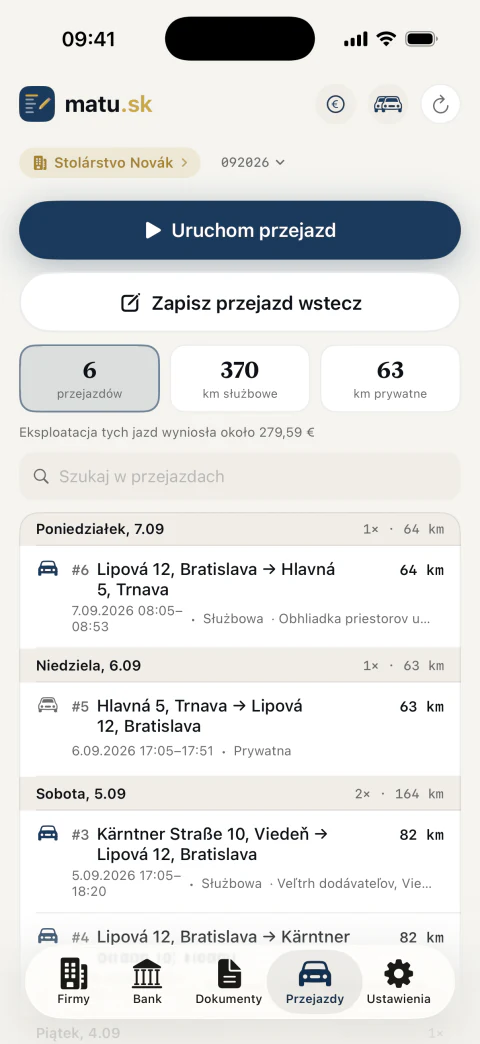 Ewidencja przebiegu pojazdu z listą przejazdów, kilometrami i celem podróży