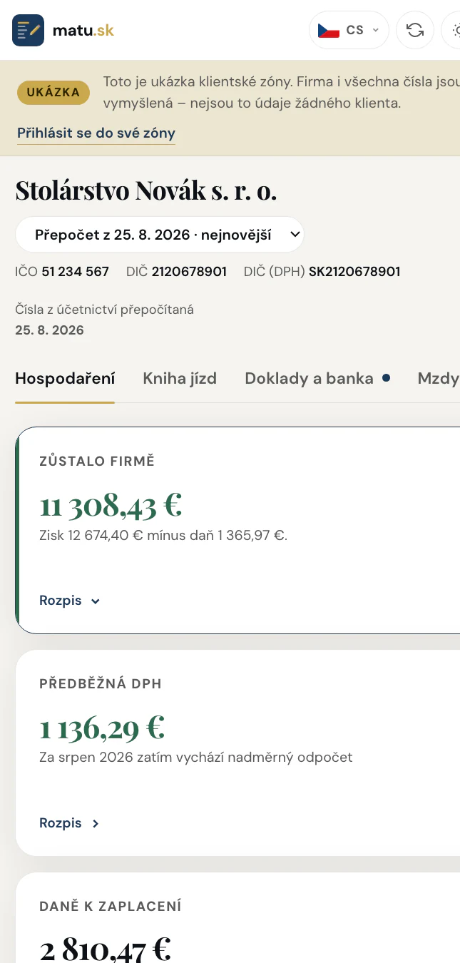Klientská zóna v telefonu: karty hospodaření pod sebou