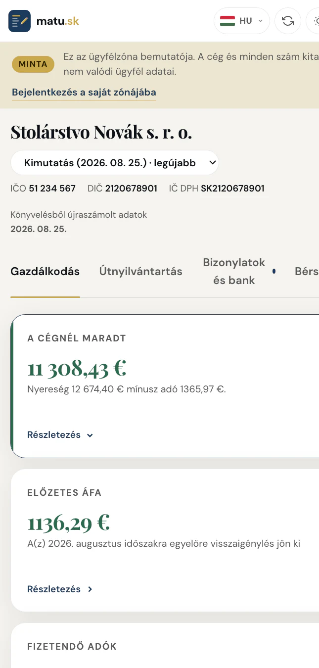 Az ügyfélzóna telefonon: a gazdálkodási kártyák egymás alatt