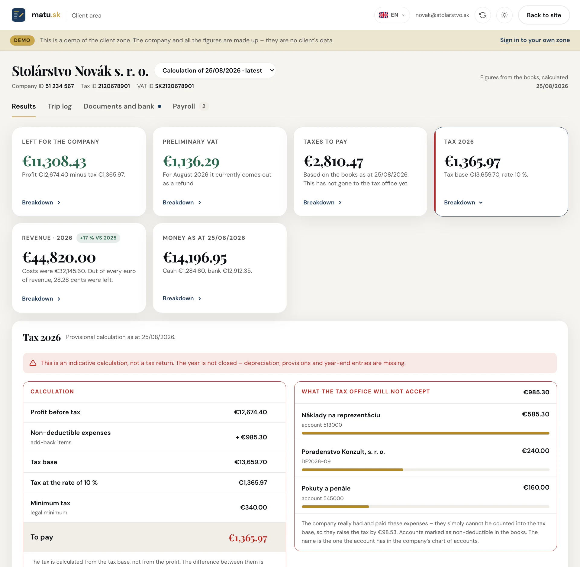 Provisional income tax with a breakdown: revenue, costs, non-deductible items, tax base and rate