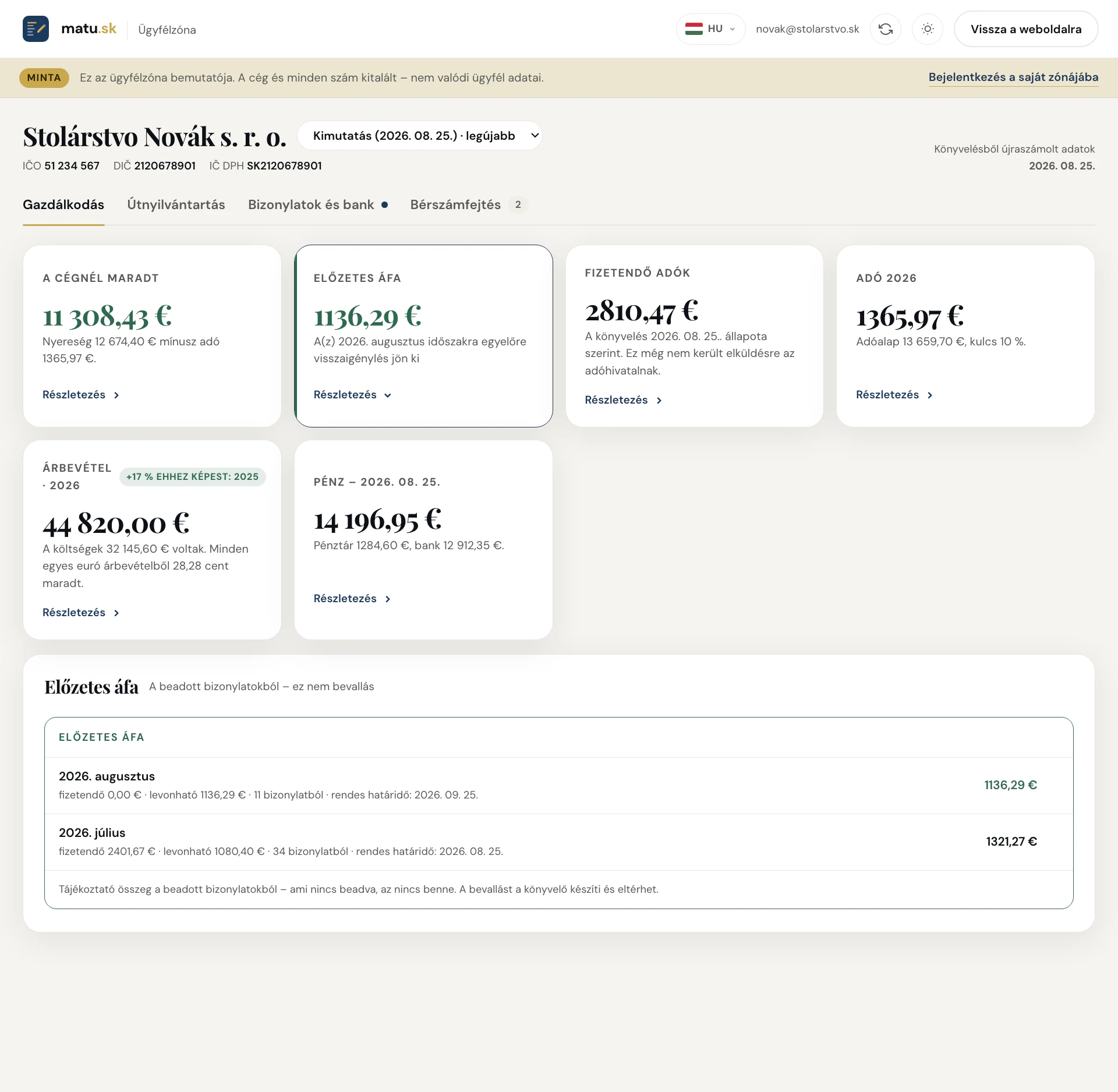Előzetes áfa az egyes hónapokra a leadott számlákból és befogadott bizonylatokból