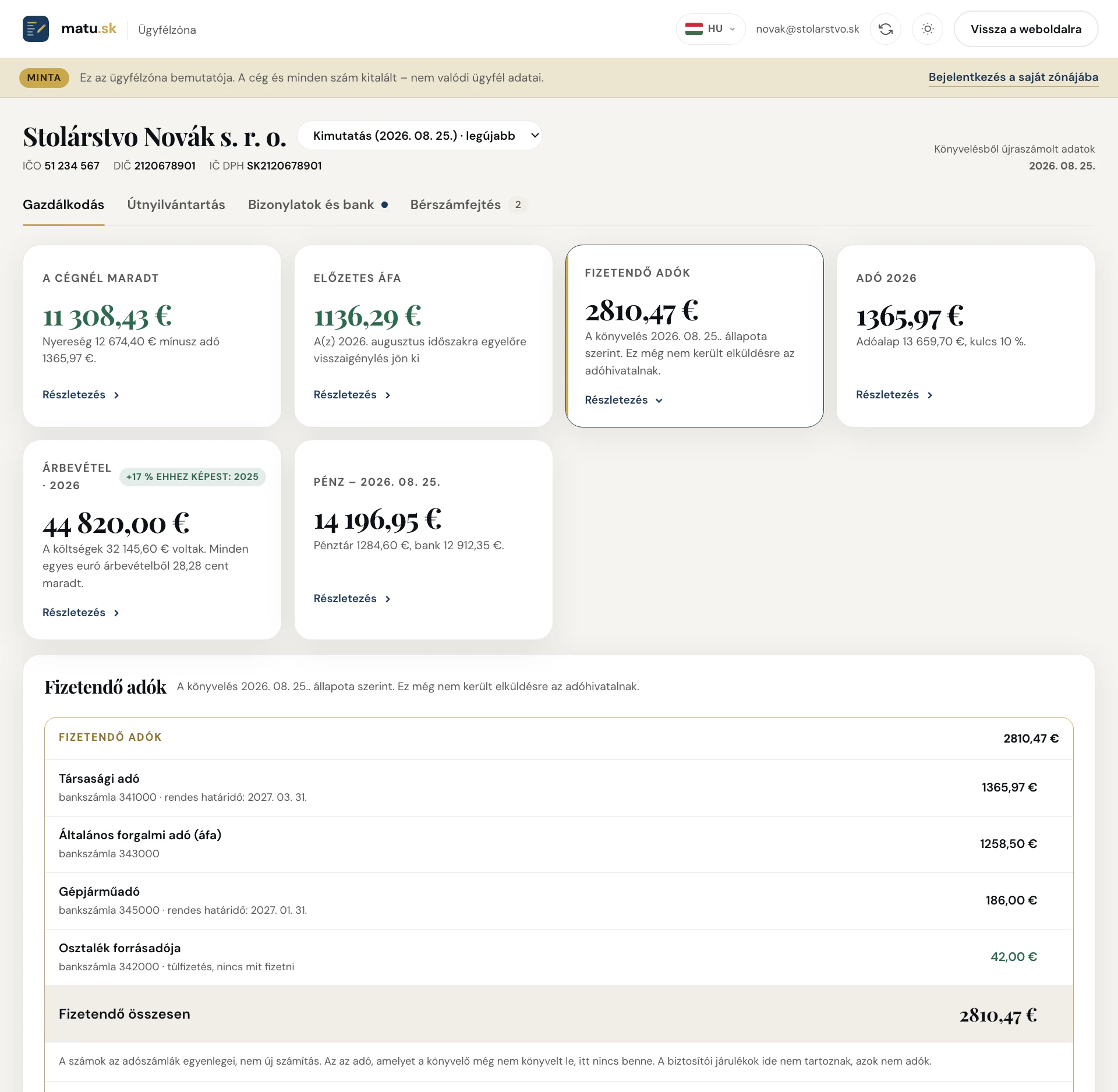 Fizetendő adók &ndash; az adószámlák egyenlege a könyvelésből