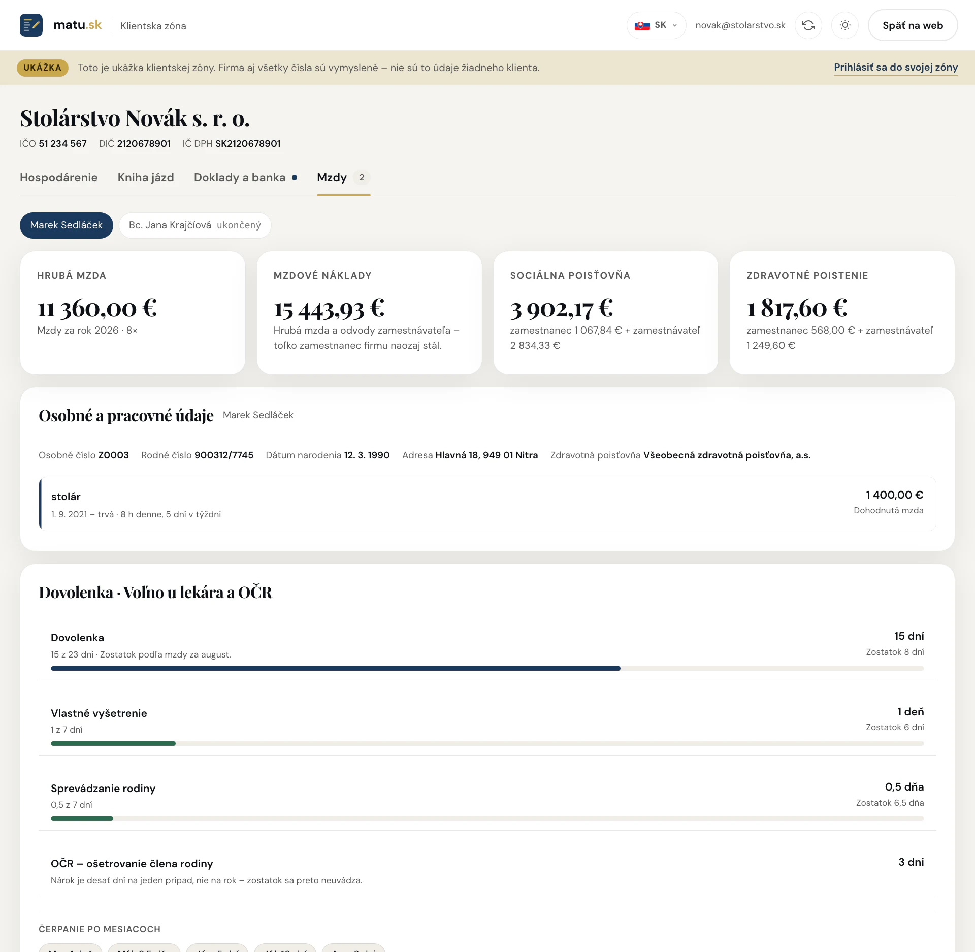 Mzdy v klientskej zóne: hrubá a čistá mzda, odvody, náklad firmy a zostatok dovolenky