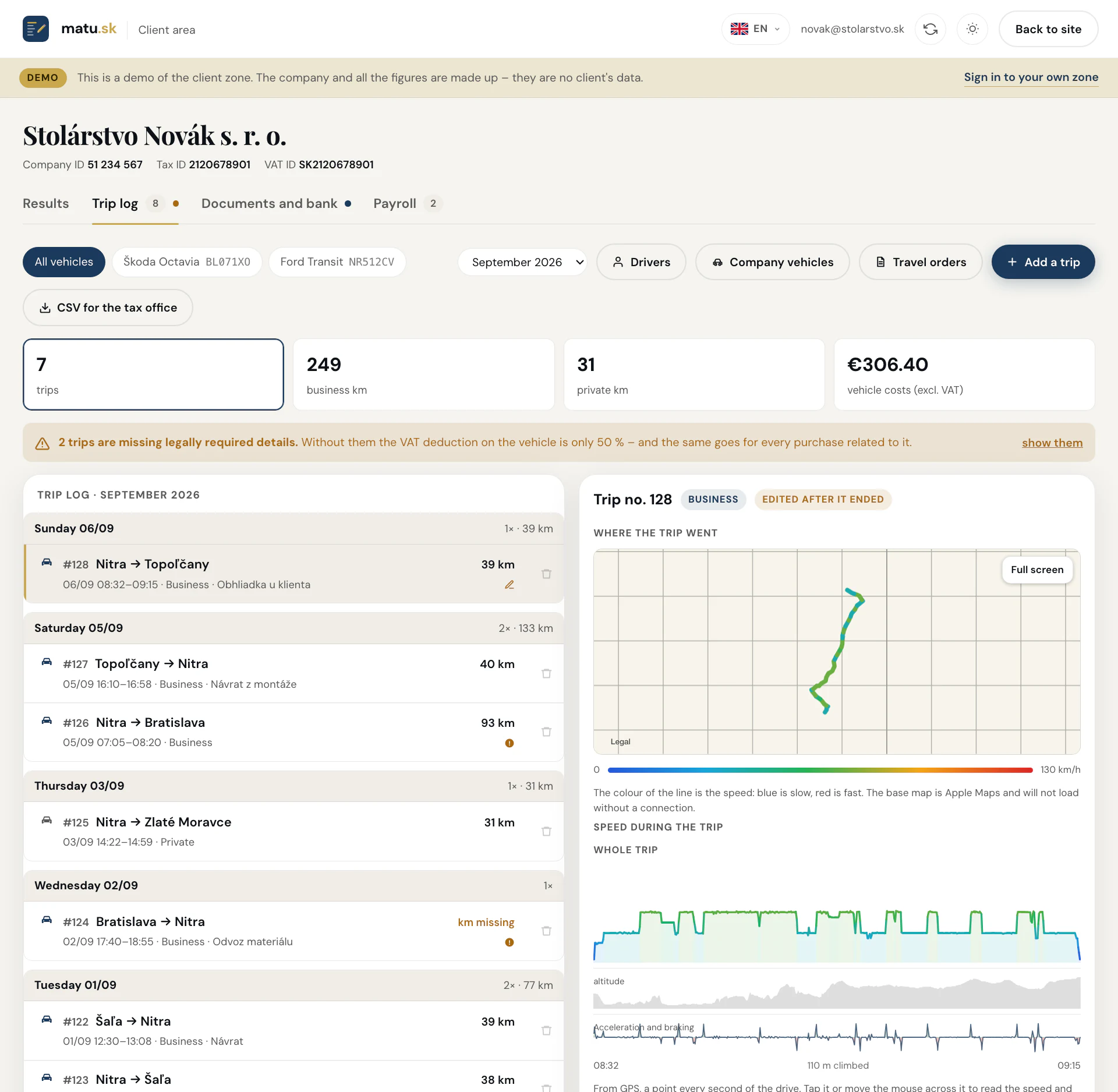 The mileage log in the client zone with a list of trips and kilometres